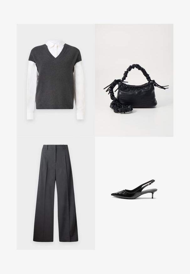 Tmavě šedý pletený svetr s výstřihem do V, má krátké rukávy přes bílou košilovou košili. Textura je žebrovaná a vypadá vrstveně.; Široké kalhoty z tmavě šedé látky, s vysokým pasem, jedním skladem a hladkou texturou s čistým zakončením na lemech.; Černé kožené lodičky na slingback s špičatou špičkou, malým podpatkem typu kitten a ozdobným uzlem na přední straně. Hladký povrch po celém obvodu.; Černá kabelka z umělé kůže s krokodýlím vzorem, staženým vrškem a zmačkaným popruhem. Zdá se, že má měkký a kompaktní design.