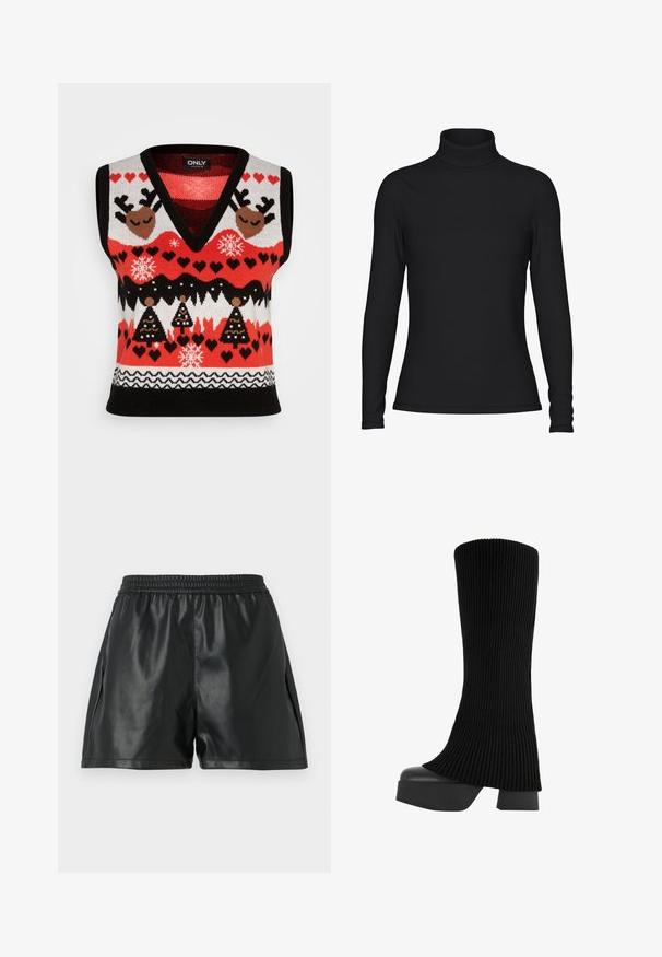 ONLY ONLXMAS HEART V NECK VEST - Maglione - black/poppy red/green bee; Maglione nero a dolcevita, maniche lunghe, realizzato in tessuto morbido. Presenta un design aderente con colletto alto e dettagli di cucitura minimi.; Pantaloni corti in ecopelle nera con fascia elastica in vita, caratterizzati da una texture liscia e un design morbido. Nessun motivo o dettaglio visibile.; Stivale nero al ginocchio realizzato in tessuto a coste, con suola piatta chunky e tacco a blocco, caratterizzato da una texture liscia e da un design elegante e moderno.
