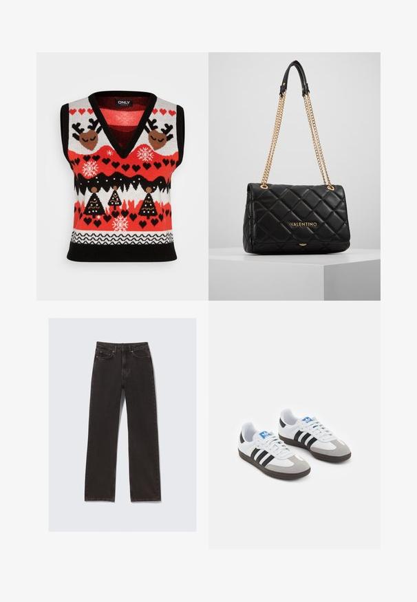 ONLY ONLXMAS HEART V NECK VEST - Svetrík - black/poppy red/green bee; Čierne džínsy so strižom rovného strihu, s prednými vreckami, pútkami na opasok a decentnými švy. Vyrobené z odolného bavlneného materiálu.; Športové topánky s bielym koženým zvrškom, šedou semišovou špičkou a tromi čiernymi pruhmi. Obsahujú modré logo na jazyku a štruktúrovanú gumovú podrážku.; Čierna prešívaná kožená kabelka so zlatým reťazovým popruhom a detailom loga. Obdĺžnikový tvar, hladká textúra, s uzatváraním na klapku.