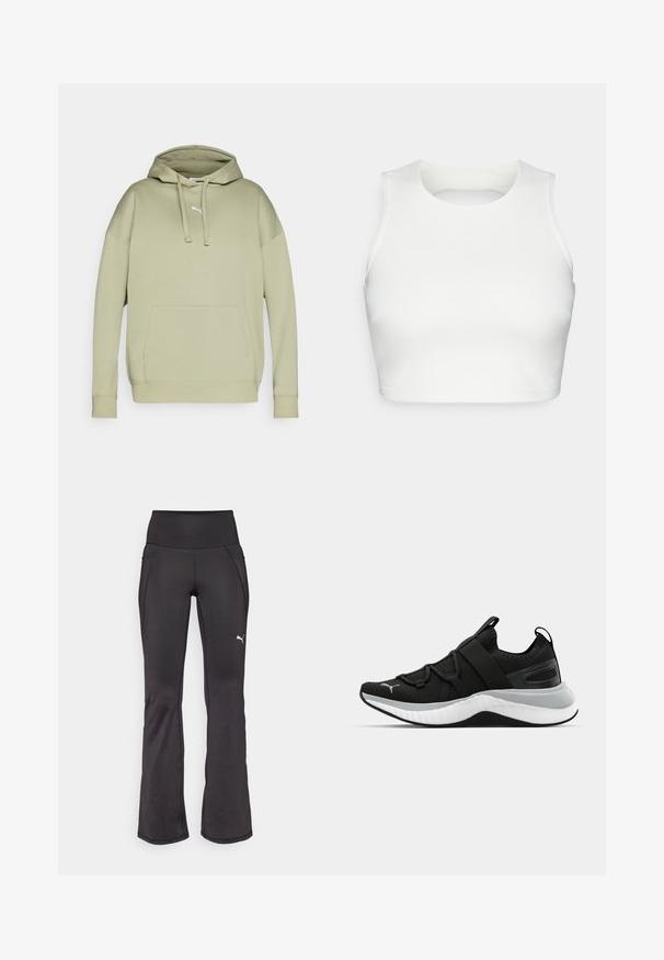 Puma hoodie in light green, featuring a kangaroo pocket, drawstring hood, and ribbed cuffs. Made from a soft cotton blend.; White sleeveless crop top made of smooth fabric, featuring a round neckline and an open back design, with neat stitching along the edges.; Black flared fitness pants with a high waistband, stretch fabric, featuring an embroidered white brand logo and subtle seam detailing.; Black athletic shoe with a textured upper, elastic straps, and a thick white midsole. Features a grey accent along the sole.