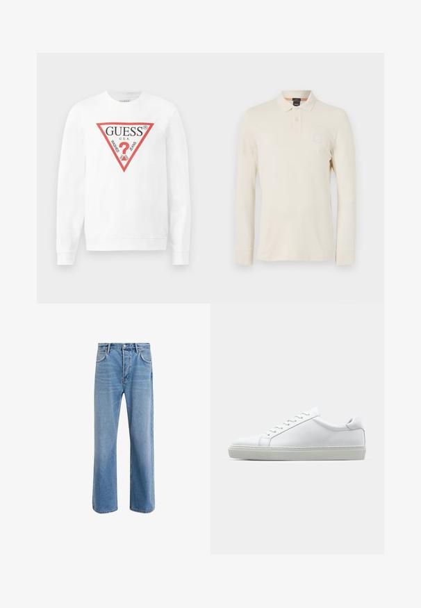 Weißer Baumwoll-Sweatshirt mit einem großen roten dreieckigen Logo, das den Schriftzug "GUESS U.S.A." und "WASHED JEANS" sowie ein zentrales Fragezeichen-Icon enthält.; Langarm-Polo-Shirt in hellem Beige, aus glattem Stoff gefertigt, mit einem Polo-Kragen, einer zwei-Knopf-Leiste und einem kleinen Logo-Patch auf der Brust.; Helle blaue Jeans im Geradeschnitt-Design, mit fünf Taschen, Knopfverschluss, minimaler Ausbleichung und kontrastierenden Nähdetails.; Weißer Sneaker mit glattem Lederobermaterial und niedrigem Profil. Verfügt über eine runde Zehenpartie, sechs Ösen und eine strukturierte Gummisohle.