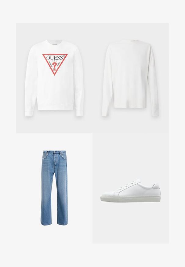 Sudadera de algodón blanca con un gran logo triangular rojo que incluye el texto "GUESS U.S.A." y "WASHED JEANS", junto con un ícono de signo de interrogación en el centro.; Camisa de algodón blanca de manga larga con cuello redondo, aberturas laterales en la parte inferior y una textura suave, exhibida desde la parte de atrás.; Jeans de mezclilla azul claro con un diseño de pierna recta, cinco bolsillos, cierre de botón, ligeramente desgastados y detalles de costura en contraste.; Zapatilla blanca con parte superior de cuero liso y perfil bajo. Presenta una puntera redondeada, seis ojales y una suela de goma texturizada.