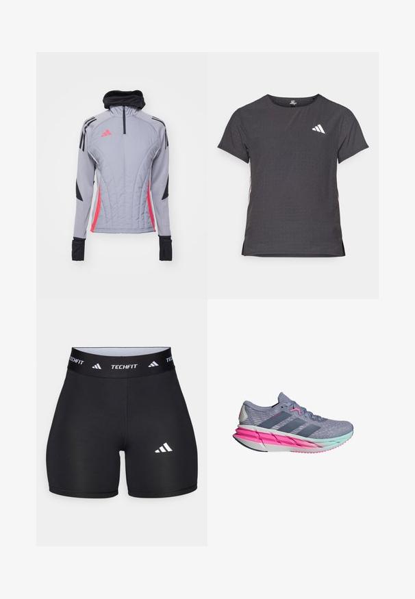 Veste grise à manches longues avec des accents roses et noirs, dotée d'un col haut, d'une fermeture éclair quart et d'une texture matelassée avec des coutures verticales.; T-shirt de sport à manches courtes, gris foncé avec une texture perforée. Présente un logo blanc et des rayures latérales contrastantes. Encolure arrondie.; Shorts noirs en tissu extensible avec un design ajusté. Dotés d'une large ceinture noire portant l'étiquette "TECHFIT" et d'un logo blanc sur la jambe.; Baskets de sport grises avec une tige en mesh respirant, des accents roses et une semelle intermédiaire légère avec un design dégradé dans des nuances de bleu-vert.