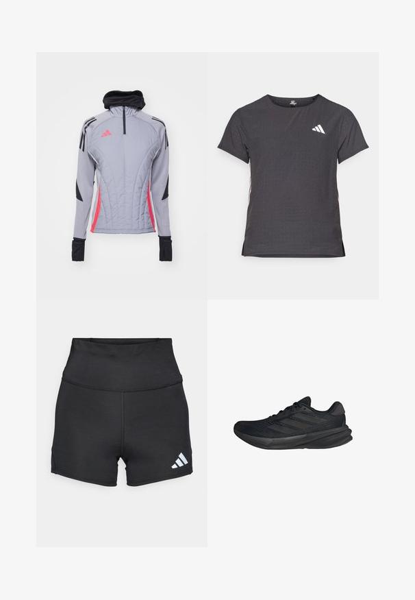 Veste grise à manches longues avec des accents roses et noirs, dotée d'un col haut, d'une fermeture éclair quart et d'une texture matelassée avec des coutures verticales.; T-shirt de sport à manches courtes, gris foncé avec une texture perforée. Présente un logo blanc et des rayures latérales contrastantes. Encolure arrondie.; adidas Performance Leggings - black; Baskets de sport noires avec un dessus en maille, une forme épurée, une semelle plate et trois bandes diagonales sur le côté. Design léger pour le confort.