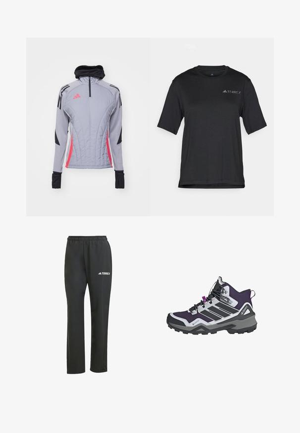 Veste grise à manches longues avec des accents roses et noirs, dotée d'un col haut, d'une fermeture éclair quart et d'une texture matelassée avec des coutures verticales.; T-shirt noir à manches courtes fabriqué en tissu léger. Il présente un col rond et un petit logo "TERREX" blanc sur la poitrine.; Pantalons légers noirs avec une taille élastique. Présente un logo "TERREX" subtil en blanc. Tissu lisse et design à jambes droites.; Bottes de randonnée violet et noir avec un design montante, en tissu texturé, matériau Gore-Tex et semelle en caoutchouc robuste dotée de profondes rainures.
