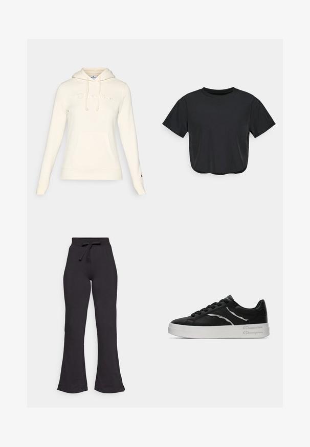 Krémová mikina s klokánkovou kapsou, nastaviteľnými šnúrkami a tonálnym vyšitým logom na hrudi. Mäkkučký materiál s dlhými rukávmi.; Čierne skrátené tričko vyrobené z jemného materiálu, s okrúhlym výstrihom, krátkymi rukávmi a voľným strihom. Jemné detaily šitia.; Čierne rozšírené tepláky vyrobené z mäkkej látky, s opaskom na šnúrku a hladkou textúrou. Navrhnuté pre pohodlie a jednoduché nosenie.; Čierne kožené tenisky s bielou podrážkou, s tenkými striebornými akcentmi a viazaním. Hladký povrch s logom na päte.