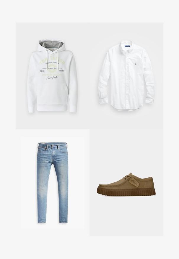 Balts džemperis ar mīkstu audumu, ar priekšējo kabatu, ar pelēku oderētu kapuci un drukātu zīmola logo zaļā un melnā krāsā.; Balta garām piedurknēm pogājamā krekla izgatavots no kokvilnas. Iezīmē klasisku apkakli, poga aproces un mazu tumši zilu izšūtu logo uz krūšu.; Gaiši zili pieguļoši džinsi ar nelielu izbalēšanu uz gurniem, ar pogu aizdari priekšā, jostas cilpām un piecu kabatu stilu uz baltā fona.; Gai brūni zamša apavi ar noapaļotu purngalu, šuvju detaļām un ribotu brūnu gumijas zoli. Satur sānu uzlīmi ar "Clarks" logotipu.
