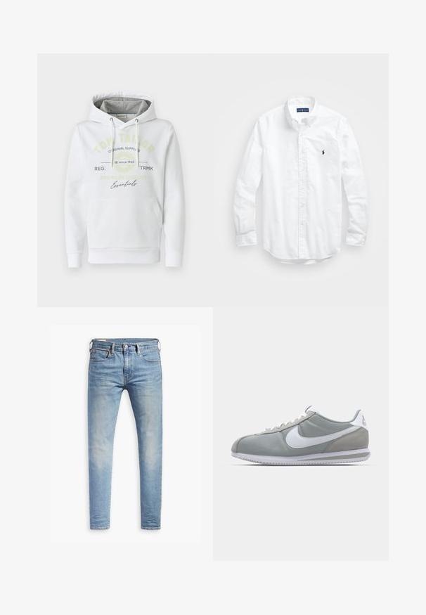 Hvit hettegenser laget av myk stoff med frontlomme, med grå foret hette og trykket merkevarelogo i grønn og svart.; Hvit langermet skjorte i bomull med knapper. Har en klassisk krage, knappe mansjetter og en liten marineblå brodert logo på brystet.; Lyseblå slim-fit jeans med svak falming på lårene, frontknappelukking, beltehemper, og fem-lomme design på hvit bakgrunn.; Grå idrettssko med overdel i semsket skinn og tekstil, hvit Nike swoosh og hvite snøringer. Har en teksturert gummisåle og polstret krage.
