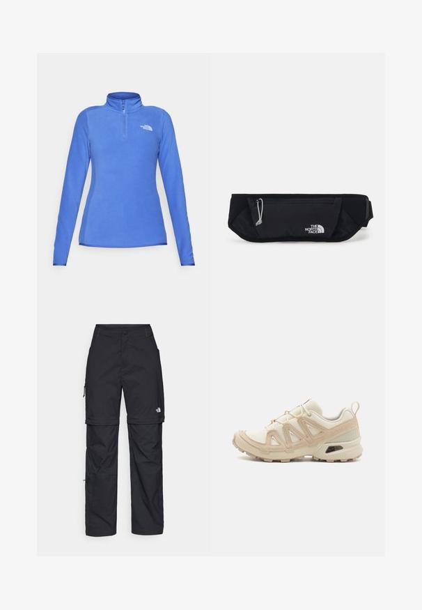 Fleece pullover i lys blå, har en høj krave og halvlange lynlås. Logo i hvid på brystet, lange tætsiddende ærmer med glat tekstur.; Sort langærmet t-shirt lavet af bomuld med rund hals. Har et lille hvidt logo på venstre brystområde. Enkel design og pasform.; Sorte nylon cargo bukser med lynlås, justerbare manchetter, flere lommer og et logo på højre ben. Glat, let tekstur.; Beige og creme atletiksko med struktureret mesh-overdel, støttende overlays og gummiyderside med et mønster for trækkraft.; The North Face SUNRISER RUN BELT UNISEX - Bæltetasker - black/white