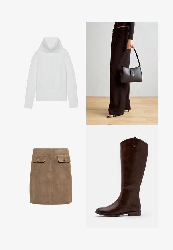 Maglione bianco a maglia con collo alto a coste, pannelli testurizzati e polsini e orlo a coste. Materiale morbido in misto lana.; Gonna mini in suede marrone con una texture liscia, caratterizzata da due tasche frontali con patta e chiusura a bottoni su entrambi i lati. Design semplice e dritto.; Stivali marroni al ginocchio realizzati in pelle liscia, con punta arrotondata, tacco basso impilato e un motivo di cucitura sottile lungo i lati.; Borsa nera con forma strutturata, texture liscia e una chiusura metallica. Abbinata a pantaloni neri larghi e sandali open-toe su un pavimento in legno.