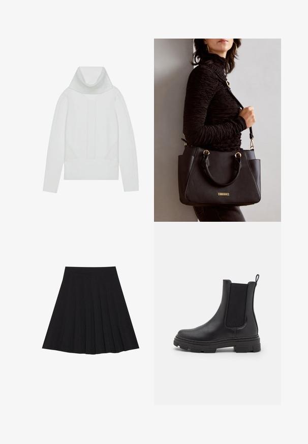 Suéter branco de malha com um alto colarinho canelado, painéis texturizados e punhos e barra canelados. Material macio de mistura de lã.; Saia preta plissada feita de tecido texturizado com uma faixa na cintura ajustada. Cai até ao joelho, apresentando uma silhueta suave e limpa.; Bota de tornozelo em couro preto com painéis laterais elásticos, bico arredondado e sola de borracha texturizada. Apresenta uma alça na parte traseira para fácil calçar.; Bolsa preta com superfície texturizada, alças superiores duplas e alça de ombro ajustável. Apresenta ferragens em tom dourado e bolsos laterais.