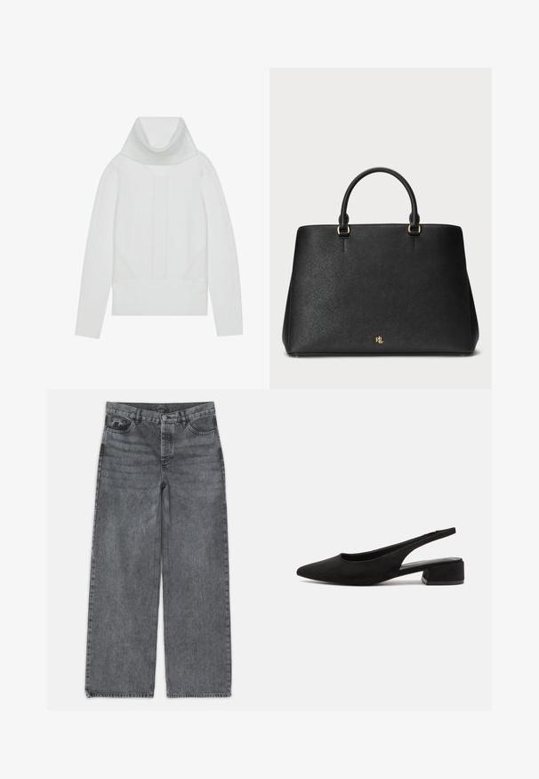 Valge kootud sviiter, millel on kõrge soonikkoes krae, tekstuuriga paneelid ning soonikkoes varrukate ja hem. Pehme villane segu materjal.; Laia püksid tumedas hallis denimis. Omavad kõrget vööd, viit taskut ning esist nööbist sulgemist. Sile pind kerge kulumisega.; Call it Spring BECKYY B.E.D FOAM - Klassikalised kontsakingad - black; Must musta kott mustast nahast, millel on struktureeritud disain, sile tekstuur ja kaks ülemist sangat. Sisaldab kuldseid aktsente ja logo alumises osas.