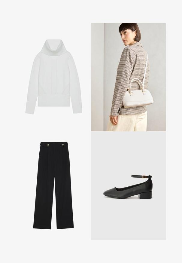 Hvit strikkegenser med høy ribbet høyhalset krage, teksturerte paneler og ribbestrikkede mansjetter og avslutning. Mykt ullblandingsmateriale.; Svart vide bukser med høy midje, knappdetaljer på midjebåndet og frontplisser.; Sorte skinnpumper med spiss tå og lav blokkhelt. Har ankelrem med gullfarget spenne. Glatt tekstur.; Hvit strukturert håndveske med korte håndtak og skulderreim, med detaljer i gullfinish og teksturert materiale, vist mot en grå bakgrunn.