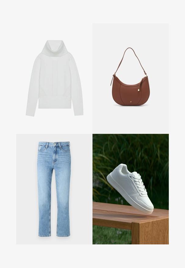 Fehér kötött pulóver magas bordás garbónyakkal, textúrált panelek, valamint bordás mandzsetták és hem. Puha gyapjú keverék anyag.; Világoskék farmernadrág, magas derékkal, egyenes lábakkal, enyhe kopással, cipzáros záródással és fém gombbal a dereka fölött.; Fehér sportcipő sima szintetikus felsőrésszel, perforált lábujjrész, lapos fűzőkkel és texturált talppal, fából készült felületen kihelyezve.; Barna műbőr válltáska ívelt formával, minimális varrással és arany színű kiegészítőkkel. Jellemzője a felső cipzáras záródás és állítható pánt.