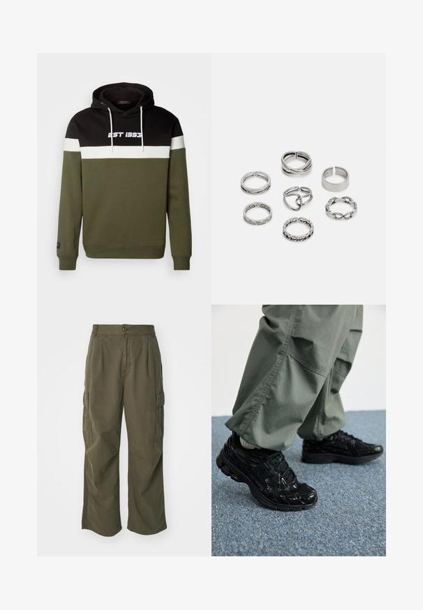 Sweat à capuche présentant des panneaux noir, blanc et vert olive, avec le texte "EST 1995" à l'avant et des accents de cordon de serrage. Tissu en mélange de coton.; Pantalons cargo en vert olive, en coton, avec une coupe large, des plis et des poches latérales pour plus de praticité.; Baskets de sport noires avec des textures brillantes et en mesh, dotées d'une semelle épaisse et de lacets, assorties à un pantalon cargo ample vert olive.; Ensemble de sept bagues en argent présentant divers designs, notamment des motifs torsadés, entrelacés et gravés. Différentes formes et largeurs.