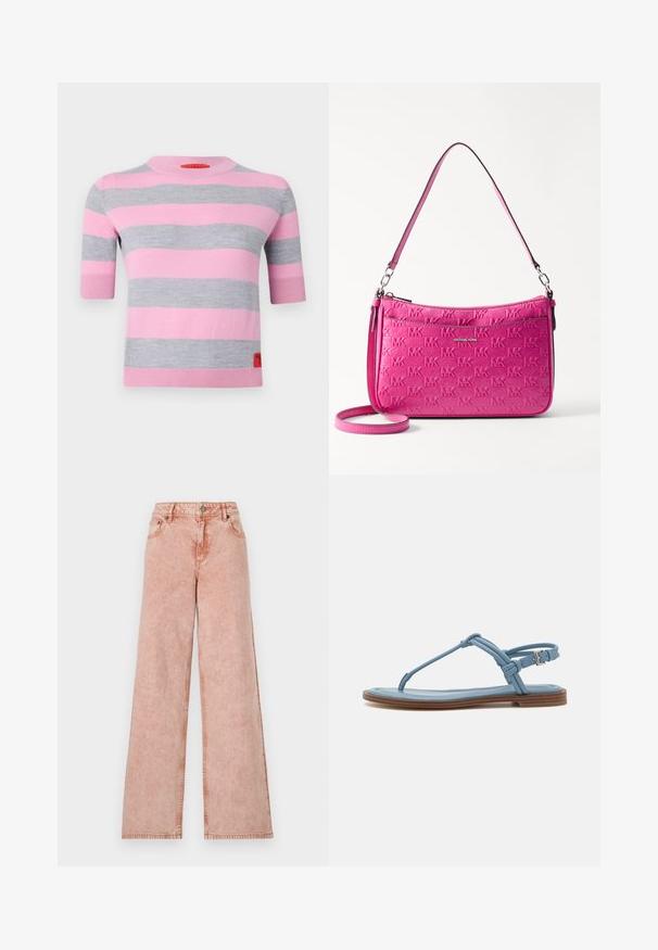 MAX&Co. ASTER - Trui - orchis rose; Lichtroze wijde jeans van vervaagde denimstof. Beschikt over vijf zakken en contrasterende stiksels. Klassieke knoop- en ritssluiting.; Blauwe leren teenslipper met een platte zool, voorzien van een slank bandjesontwerp en een gesp sluiting bij de enkel voor een veilige pasvorm.; Compact roze handtas van gestructureerd leer, met een reliëf logo patroon, een ritssluiting en een verstelbare schouderband.