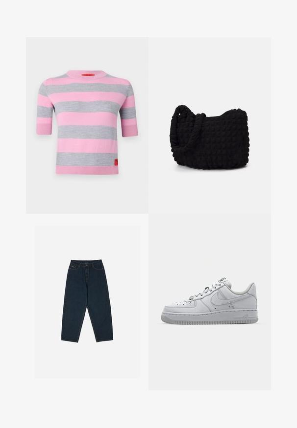 MAX&Co. ASTER - Pulóver - orchis rose; Sötétkék, magas derekú farmernadrág, laza fit kialakítással, öt zsebbel és gombos záródással. Simaságot adó denim anyagból készült.; Fehér bőr sportcipő alacsony fazonnal, kerek orral, perforált részletekkel és textúrált gumitalppal. Szürke kiegészítők találhatóak a nyelvén.; Fekete szövet táska texturált, steppelt mintával. Kerek formájú, rövid, vastag fogantyúkkal és puha, rugalmas szerkezettel.