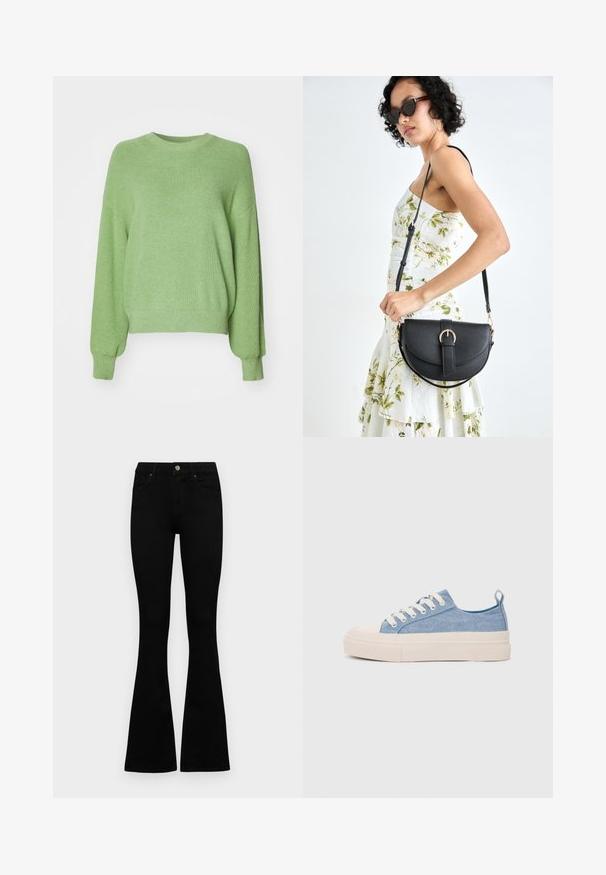 Zöld, bordázott kötött pulóver, lekerekített nyakkivágással, laza fazonnal és hosszú ujjakkal. Puha tapintású, sima felülettel.; Fekete, magas derekú farmernadrág gomb- és cipzárzárral, elülső zsebekkel és harangszárral, laposan egy fehér háttérre terítve.; Világoskék vászon sportcipők, krémszínű gumitippel és talppal, fehér fűzőkkel és egy húzófüllel a sarkán.; Fekete bőrtáska ívelt formával, levehető pánttal és arany színű fémrészekkel. A táskán egy csattal díszített fedél található.