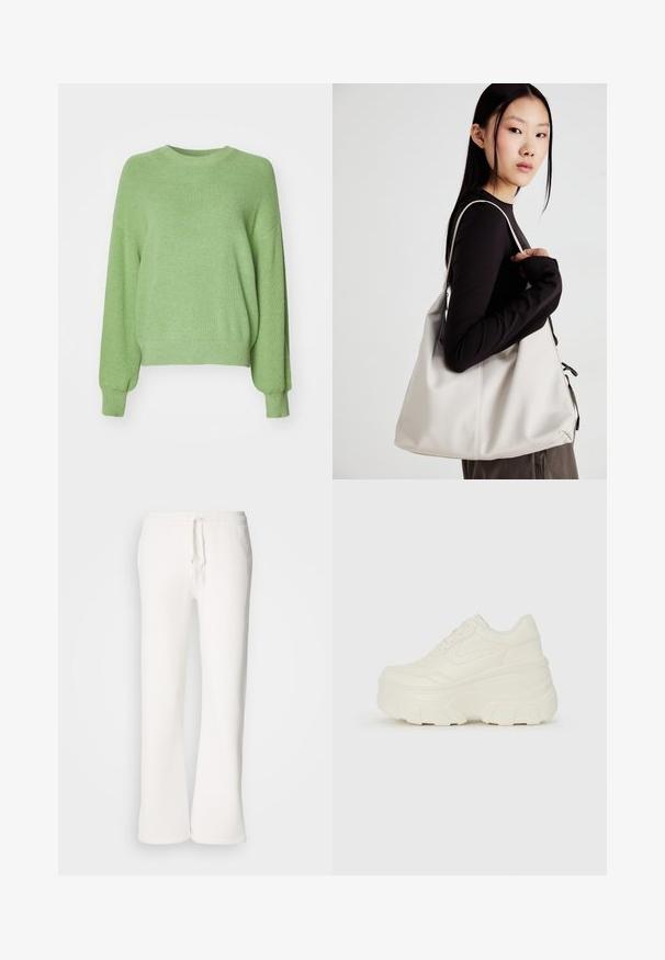 Pulover verde tricotat, cu manșon mai larg, guler rotund și mâneci lungi. Textură moale cu un finisaj neted.; Pantaloni de trening albi, cu croi lejer, fabricați dintr-un material moale, având o talie elastică cu șnur și un design cu picioare drepte.; Adidași platformă albi, cu un superior neted asemănător cu pielea, formă rotunjită, guler căptușit și talpă din cauciuc texturată cu borduri bine definite.; Geantă bej din material moale, cu un design lejer, detalii cusute și două bretele pentru umăr. Potrivită pentru utilizarea zilnică.