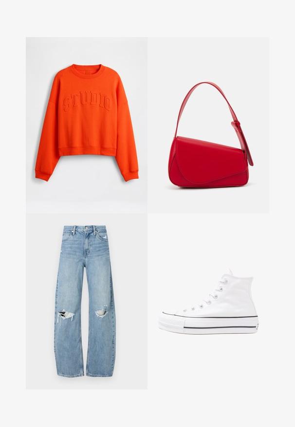 Orange kort tröja med präglad "STUDIO"-text på framsidan, med långa ärmar och ribbad halsringning och fåll.; Ljusblå, högmidjade jeans i denim. Har vida ben, två slitna knäområden och klassisk femfickedesign.; Vit hög topp canvas sneaker med svart gummisulan, framsidan gummitåhätta och sex öglor för snören, med en ren, minimalistisk design.; Röd läderhandväska med en vinkelrät, geometrisk design. Har ett justerbart axelband och en klaffstängning med sydda detaljer.