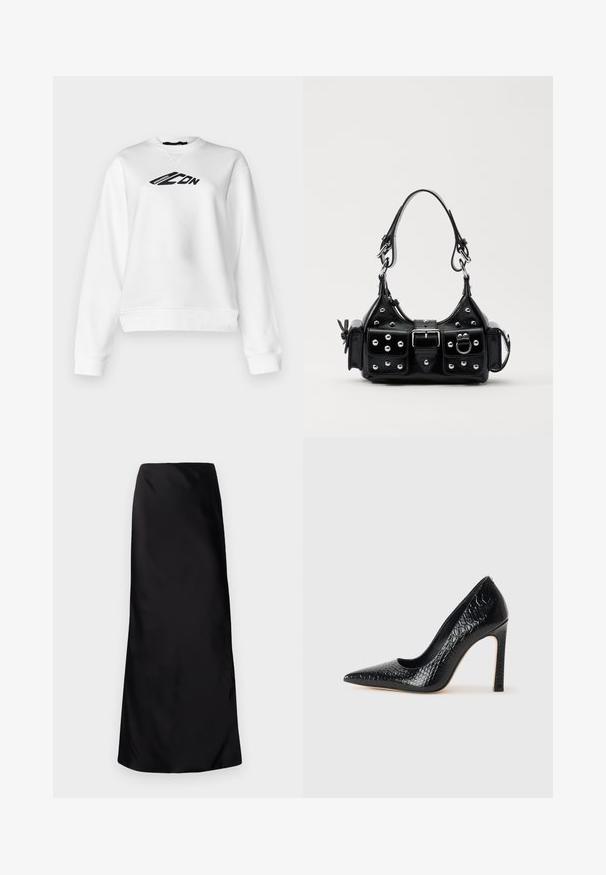 Felpa bianca con colletto tondo e maniche lunghe. Testo grafico nero sul petto. Tessuto morbido con una vestibilità leggermente accorciata.; Norma Kamali BIAS OBIE SKIRT - Gonna lunga - black; Scarpa nera con punta a punta alta in pelle di coccodrillo, caratterizzata da un design elegante, alto tacco a spillo e interno nero liscio.; Borsa a mano in pelle nera con design curvo, caratterizzata da borchie argentate, una fibbia e due tasche laterali. Tracolla regolabile per diverse opzioni di trasporto.