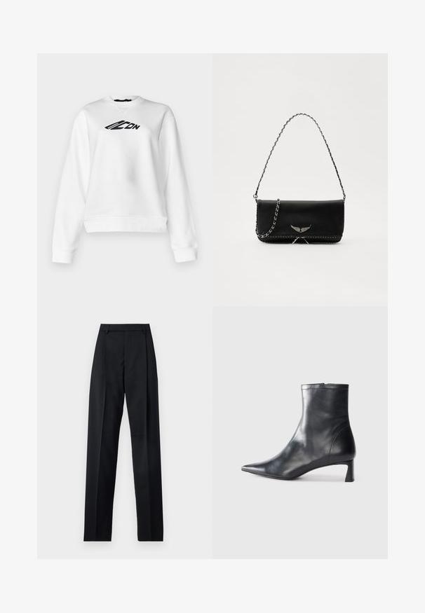 Sudadera blanca con cuello redondo y mangas largas. Texto gráfico negro en el pecho. Tejido suave con un ajuste ligeramente recortado.; Pantalones negros de tela suave con cintura alta, piernas amplias, pliegues frontales y lazos de cinturón clásicos. No hay bolsillos laterales visibles.; Botín de cuero negro hasta el tobillo con punta afilada y un diseño elegante. Presenta un tacón bajo y un cierre con cremallera en la parte trasera. Textura suave.; Bolso de mano de cuero negro con una correa de cadena plateada, que presenta acentos decorativos en forma de alas y costuras blancas a lo largo de la costura inferior.