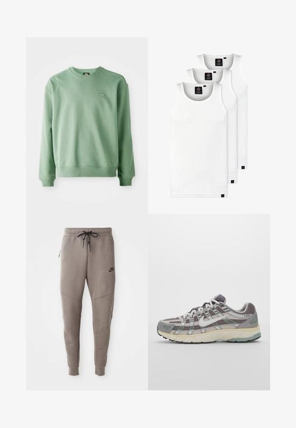 Grønn crewneck sweatshirt laget av mykt stoff, med ribbestrikkede mansjetter og hem, og en liten logomerke på forsiden. Glatt tekstur.; Tre hvite ribbestrikkede tank topper laget av bomull. Har en rund hals og små svarte etiketter nær kanten. Tilgjengelig i flere størrelser.; Grå Nike joggebukser med snor i midjen, smale ben, sidelommer og distinkte sømdetaljer. Myk, teksturert stoff.; Grå treningssko med overdel i nett og semsket skinn, hvite detaljer, en polstret såle, og et særpreget design med reflekterende elementer.