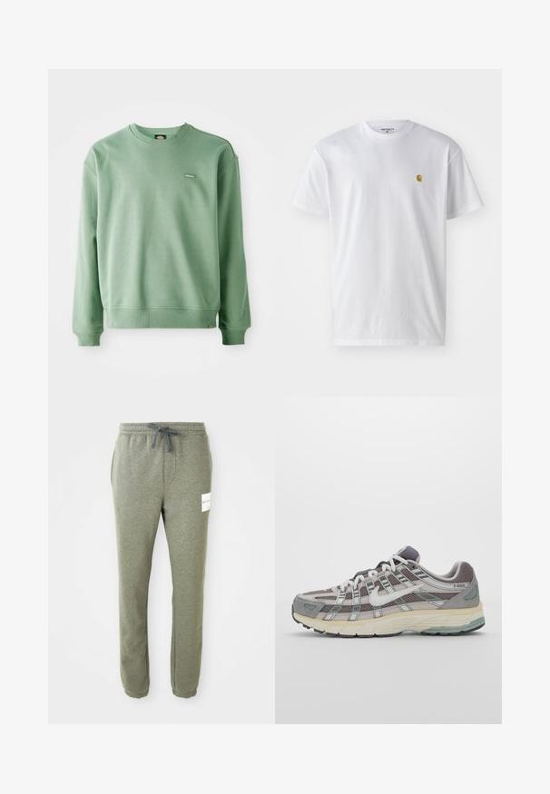 Green crewneck sweatshirt made of soft fabric, featuring ribbed cuffs and hem, and a small logo tag on the front. Smooth texture.; White cotton t-shirt with short sleeves, crew neck, featuring a small gold logo on the left chest area. Soft texture and regular fit.; Heather gray tapered sweatpants with elastic waistband, drawstring, side pockets, ankle cuffs, and a small white brand label on the right thigh.; Gray athletic shoe featuring a mesh and suede upper, white accents, a cushioned sole, and a distinctive design with reflective elements.