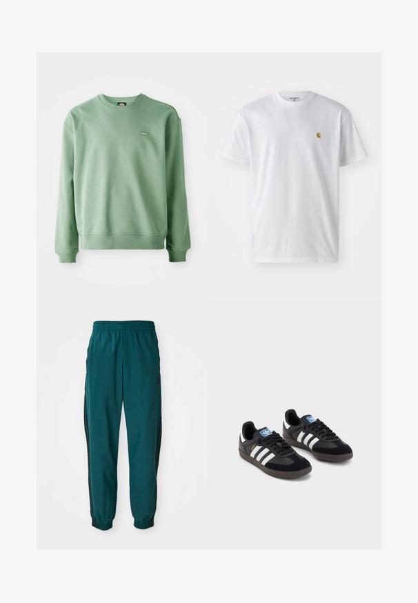 Zelený crewneck sveter vyrobený z mäkkej tkaniny, s rebrovanými manžetami a spodným lemom a malou logom značky na prednej strane. Hladká textura.; Biele bavlnené tričko s krátkymi rukávmi, okrúhlym výstrihom, s malým zlatým logom na ľavej strane hrude. Mäkká textúra a normálny strih.; Tyrkysové športové nohavice s viazaním v páse, elastickými manžetami a bočnými čiernymi pruhmi. Vyrobené z ľahkej tkaniny, s logom blízko bedra.; Čierne tenisky so zvrškom z semišu a syntetického materiálu, s tromi bielymi pruhmi, štruktúrovanou gumovou podrážkou a modrou logovou etiketou na jazyku.