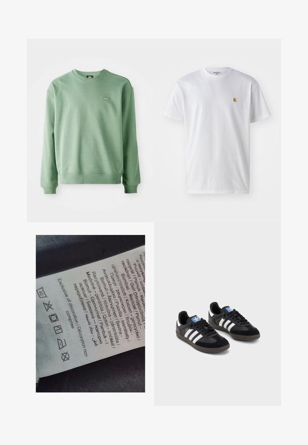 Sudadera de cuello redondo verde, hecha de una tela suave, con puños y dobladillo acanalados, y una pequeña etiqueta de logo en la parte delantera. Textura suave.; Camiseta de algodón blanca con mangas cortas, cuello redondo, que presenta un pequeño logo dorado en la parte izquierda del pecho. Textura suave y corte regular.; Etiqueta con texto en varios idiomas, símbolos de cuidado e iconos de reciclaje, impresa en un material suave tipo tela de color claro.; Zapatillas negras con un upper de ante y sintético, con tres rayas blancas, suela de goma texturizada y etiqueta de logo azul en la lengüeta.