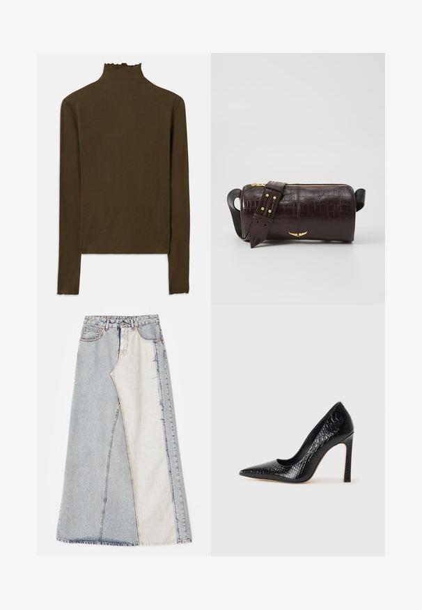 Top de punto acanalado marrón de manga larga con cuello simulado y un sutil borde de lechuga en el cuello, los puños y el dobladillo.; Falda de mezclilla con un diseño de patchwork que presenta secciones en azul claro y medio, dobladillos deshilachados y cintura alta. Estilo clásico de cinco bolsillos.; Zapato de tacón alto negro con punta afilada y textura de piel de cocodrilo, que presenta un diseño elegante, un alto tacón de aguja y un interior negro suave.; Bolso de cuero marrón con estampado de cocodrilo, de forma cilíndrica, con herrajes en tono dorado y una correa desmontable con tachuelas.