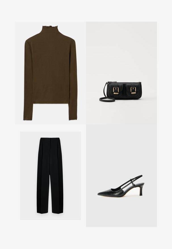 Barna, hosszú ujjú, bordázott kötött felső, állgallérral és finom salátaél díszítéssel a galléron, mandzsettákon és az alján.; Fekete, széles szárú nadrág magas derékkal, redők és sima textúra jellemzi. Az anyag könnyűnek tűnik és elegánsan hullámzik.; Fekete lakk slingback sarok, hegyes orral, texturált kígyómintával, állítható pánttal és rövid, texturált tömbsarkal.; Fekete bőr keresztbody táska két elülső zsebbel, arany csattokkal, cipzáras záródással és vékony pánttal. Textúrált felület és kompakt téglalap alak.