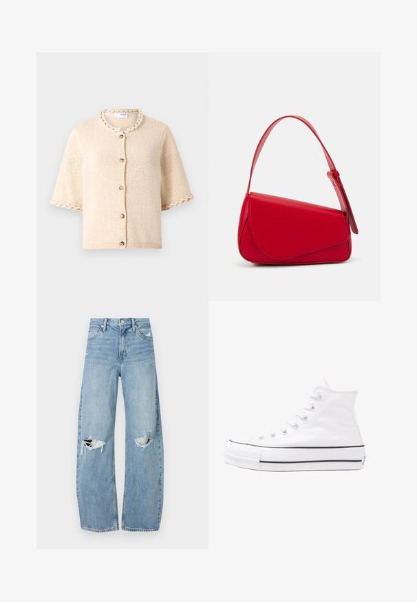 Beige neulottu neuletakki lyhyillä hihoilla, pyöreällä kaula-aukolla ja letitettyä reunusta kauluksessa ja hihoissa. Varustettu ruskeilla napilla.; Vaaleansiniset, korkeavyötäröiset farkut, jotka on valmistettu denimmateriaalista. Ominaisuuksiin kuuluvat leveät lahkeet, kaksi revittyä polvialuetta ja klassinen viiden taskun tyyli.; Valkoiset korkeavartiset kangaskengät mustalla kumipohjalla, edessä kuminen varvasosa ja kuusi nauha-aukkoa, puhtaan minimalistisella muotoilulla.; Punainen nahkalaukku, jossa on kulmikas, geometrinen muotoilu. Varustettu yhdellä säädettävällä hihnalla ja läpällä, jossa on ommeltu yksityiskohtia.