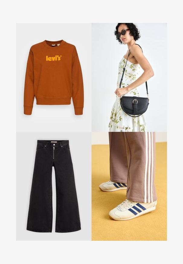 Levi's® GRAPHIC STANDARD CREW - Sudadera - crew seasonal glazed ginger; Jeans de pierna ancha en denim negro con cierre frontal, diseño de cinco bolsillos y detalles de costura sutiles. Textura suave y estilo casual.; Zapatillas de crema con rayas de ante azul, cordones blancos y suela de goma. Combinadas con pantalones de chándal grises que presentan rayas laterales blancas.; Bolso de piel negra con forma curva, correa desmontable y herrajes dorados. El bolso cuenta con una solapa con un detalle de hebilla.