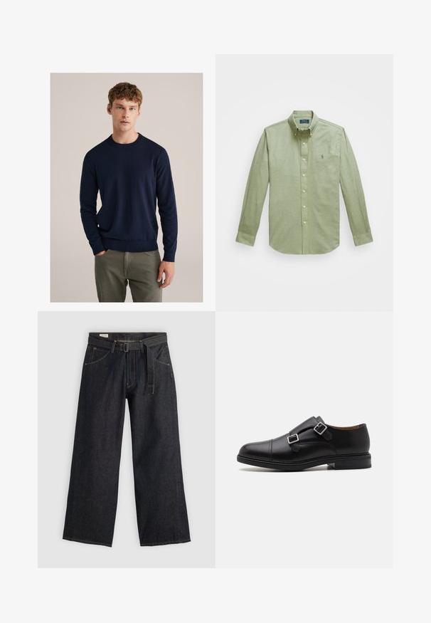 Námořnický modrý pletený svetr s dlouhými rukávy, žebrovanými manžetami a lemem, kulatým výstřihem a hladkou strukturou, v kombinaci se šedými kalhotami.; Světle zelená košile s dlouhým rukávem a knoflíkovým zapínáním, se špičatým límcem, malým vyšitém logem na hrudi a perlovými knoflíky.; Tmavé denimové kalhoty s širokými nohavicemi a páskem v pase, s předními kapsami a kontrastním prošíváním. Hladká textura s čistým designem.; Černé kožené společenské boty se dvěma sponami, kulatou špičkou, jemným prošíváním a plochou, strukturovanou gumovou podrážkou.