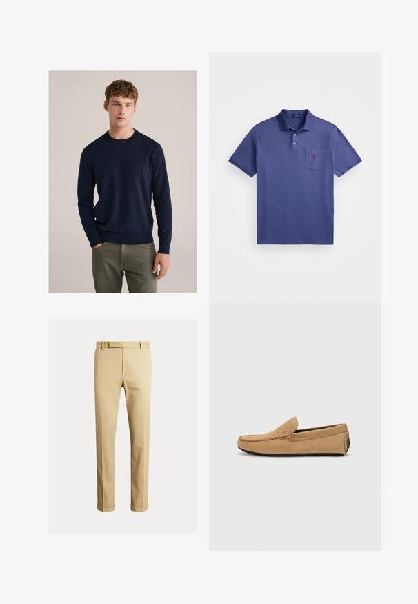 Tumši zila adīta džemperis ar garām piedurknēm, ribinātām aprocēm un apakšmalu, apaļu kakla izgriezumu un gludu tekstūru, kombinēts ar pelēkiem biksēm.; Violeta polo krekls, izgatavots no kokvilnas, ar trīs pogām, īsām piedurknēm un krūšu kabatu ar sarkanu logo izšuvumu.; Khaki chinos, kas izgatavoti no gludas kokvilnas auduma, ar pieguļošu dizainu, priekšējām krokām un elastīgiem galiem pie potītēm, nodrošinot sašaurinātu izskatu.; Beidzīgas zamšas mokasīni ar izšūtu purngali, pieslīdēšanas dizains un melna gumijas zole. Satur nedaudz pamanāmu zīmolu uz sāna.