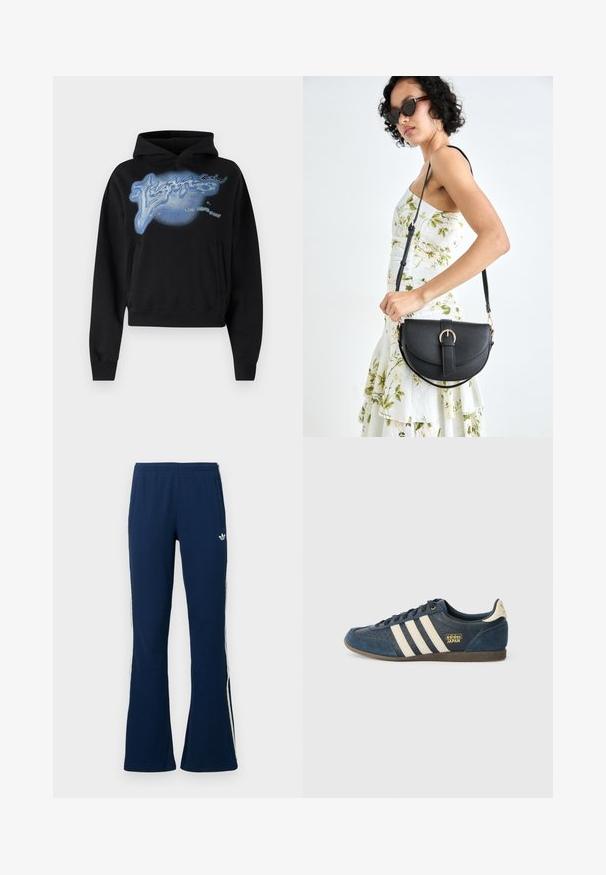 Hoodie cropped preto com um design gráfico azul na frente, com capuz e bolso canguru. Tecido suave com punhos canelados.; Calças de fato de treino azul-marinho com canelado, boca alargada, riscas brancas laterais e logótipo bordado no lado esquerdo, com dois bolsos laterais.; Sapatilhas de camurça azul-marinho com riscas bege, área do bico texturizada, logótipo dourado "adidas JAPAN" e sola de borracha castanha. Design clássico de cano baixo.; Bolsa de couro preta com forma curva, alça destacável e detalhes em dourado. A bolsa possui uma aba com detalhe de fivela.
