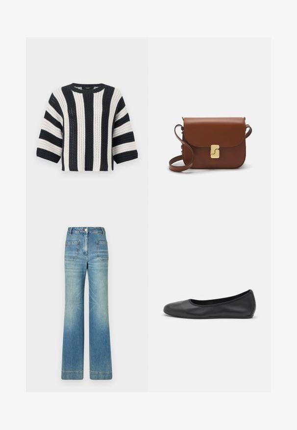 Maglione all'uncinetto con strisce alternate blu navy e bianche, scollo rotondo e maniche a tre quarti. Tessuto a maglia con trama.; T-shirt bianca a maniche corte realizzata in tessuto a costine. Collo rotondo, vestibilità regolare e dettagli di cucitura sottili. Senza motivi o grafiche.; Jeans a zampa d'elefante in denim azzurro chiaro con cinque tasche, passanti per cintura, chiusura con bottone e una trama leggermente sbiadita, caratterizzati da un dettaglio con logo rosso sul retro.; Pantofole da balletto nere in pelle con punta arrotondata, texture liscia, dettagli di cucitura minimi e design con suola flessibile.; Borsa a tracolla in pelle marrone con chiusura a pattina, hardware color oro, tracolla e una finitura liscia. Forma rettangolare compatta.