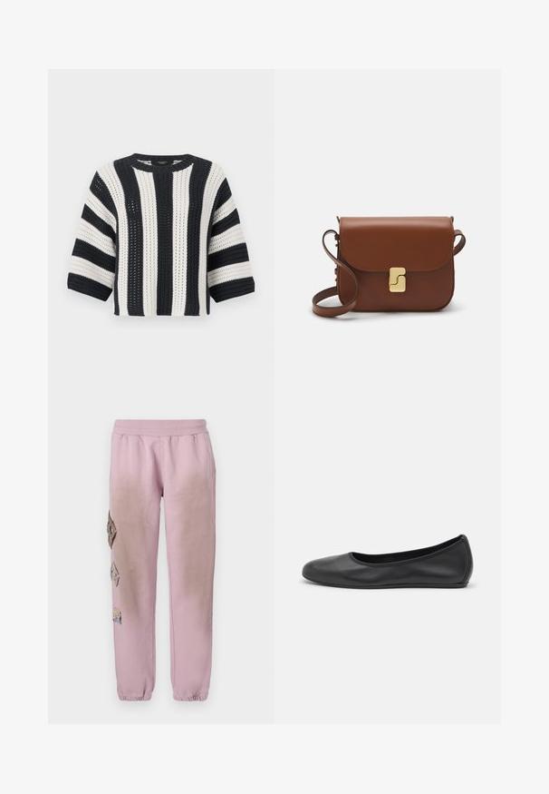 Pull en crochet avec des rayures alternées bleu marine et blanches, encolure ronde et manches trois-quarts. Tissu en tricot texturé.; Pantalon de survêtement rose avec une taille élastique, présentant des patches décoratifs en forme de diamant sur le côté gauche et des poignets élastiques aux chevilles.; Ballerines en cuir noir avec un bout rond, texture lisse, détails de couture minimalistes et design de semelle flexible.; Sac à main en cuir marron avec une fermeture à rabat, des accents en métal doré, une bandoulière et une texture lisse. Forme rectangulaire compacte.