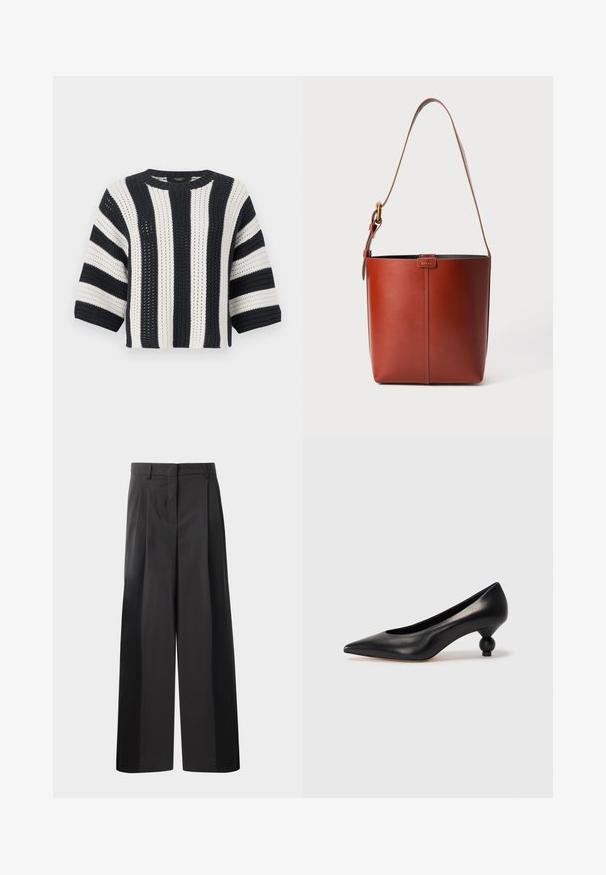 Horgolt pulóver váltakozó tengerészkék és fehér csíkokkal, kerek nyakkivágással és háromnegyedes ujjakkal. Texturált kötött anyag.; Fekete, bő szárú nadrág magas derékkal, elöl plissékkel, sima felülettel és igényes kidolgozással. Kényelmes viseletre tervezve.; Fekete bőr magassarkú cipő, hegyes orral és kerek, gömbölyű sarokkal. Simább textúrával, elegáns, minimalista dizájnnal.; Barna bőr vödör táska állítható vállpánttal és aranyszínű csattal, egyszerű függőleges varrással az elején.