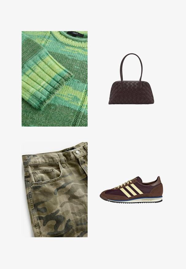 Next SPACEDYE STRIPE - Maglione - green bright; Maglietta aderente a maniche lunghe realizzata in tessuto marrone scuro. Collo rotondo, superficie liscia e maniche leggermente allungate senza polsini.; Next Shorts di jeans - camo print; Sneaker marrone e bordeaux realizzato in materiali scamosciati e in rete, caratterizzato da tre strisce color crema, tessuto testurizzato sulla linguetta e suola in gomma.; Borsa a mano in pelle intrecciata marrone con forma arrotondata, doppi manici superiori e texture liscia; presenta cuciture sottili come dettaglio di design.