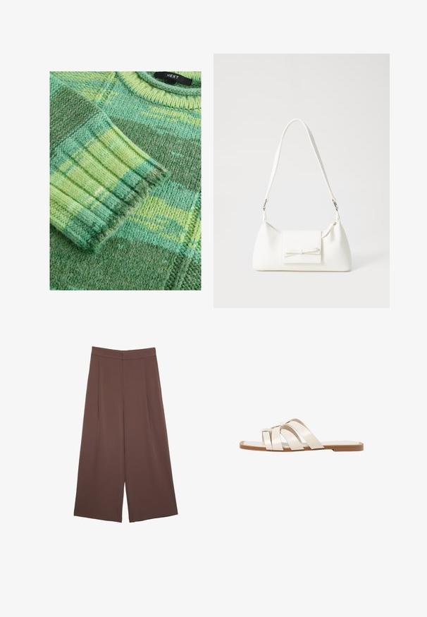 Next SPACEDYE STRIPE - Strickpullover - green bright; Braune Weite-Leg-Hosen mit einer glatten Textur, hoher Taille und Vorderfalten. Der Stoff ist leicht und fällt locker.; Flache Sandalen mit einer honigfarbenen Gummisohle, gestaltet mit drei überlappenden weißen Lederriemen und einem kleinen Schleifendetail in der Mitte.; Weiße synthetische Handtasche in dreieckiger Form, flache Vorderklappe und Schleifendetail, verstellbarer Trageriemen, glatte Textur und minimalistisches Design.
