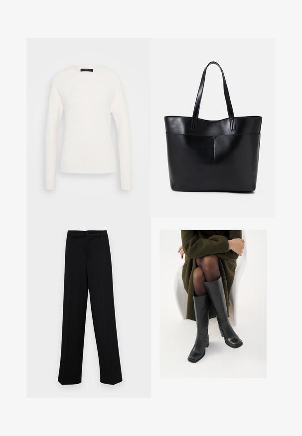 Pikad varrukad valge crewneck sviiter ribitud mansettide ja äärega, paigutatud ühetaolisele heledale hallile taustale.; Musta laiad püksid siledast kangast, millel on klassikaline vöökoht, nööbiga sulgemine ja ees voldid.; Knee-high mustad nahast saapad nelinurkse varbaga ja plokilise kontsaga, esitatud mudeli kõrval, kes istub oliivirohelises mantlis. Sujuv tekstuur, minimaalne detailide arv.; Must mustaga musta nahast, millel on kaks pikka kanda, sile tekstuur ja struktureeritud kuju. Esipoolsel on lisakoti jaoks tasku.