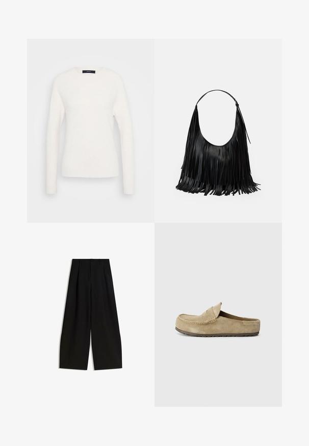 Langärmliger weißer Pullover mit Rundhalsausschnitt und gerippten Bündchen und Saum, auf einem schlichten hellgrauen Hintergrund präsentiert.; Schwarze weite Hosen aus glattem Stoff, mit hoher Taille, Falten an der Vorderseite und ohne sichtbare Verzierungen oder Muster.; Birkenstock NAPLES WRAPPED LEVE TAUPEN - REGULAR - Pantolette flach - taupe; Schwarze Lederhandtasche mit fransigen Details, geschwungener Form und einem einzelnen Schulterriemen. Glatte Textur mit einem insgesamt minimalistischen Design.