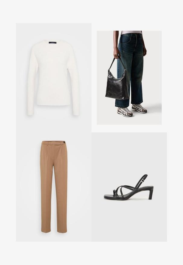 Langärmliger weißer Pullover mit Rundhalsausschnitt und gerippten Bündchen und Saum, auf einem schlichten hellgrauen Hintergrund präsentiert.; Braune maßgeschneiderte Hose mit geradem Bein, verfügt über einen einzigen Knopfverschluss und einen gefalteten Vorderdesign. Glatte Textur, minimalistischer Stil.; Schwarze Sandale mit Riemchen, quadratischer Zehenform und niedrigem Blockabsatz. Verfügt über mehrere dünne Riemen und einen verstellbaren Knöchelriemen. Hergestellt aus glattem Leder.; Schwarze Leder-Schultertasche mit glatter Textur und verstellbarem Riemen, kombiniert mit ausgewaschenen weit geschnittenen Jeans und sportlichen Sneakern.; Silberner Doppelring mit einer glatten, polierten Oberfläche. Verfügt über ein fließendes, kurviges Design mit überlappenden Abschnitten für einen modernen Look.