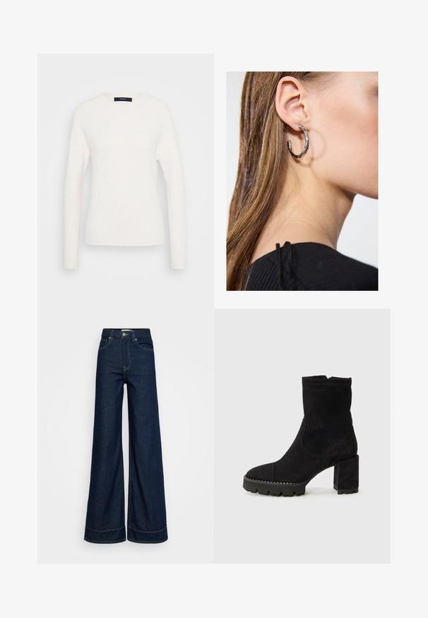 Hosszú ujjú, fehér, kerek nyakú pulóver bordás mandzsettával és alja, egy sima világosszürke háttér előtt bemutatva.; Sötétkék, magas derékú, bő szárú farmernadrág elülső zsebekkel, övhurkokkal, gombos zárással és látható varrással, fehér háttér előtt.; Fekete bokacsizmák velúr anyagból, négyzetes orral, vastag sarokkal és időjárásálló gumitalppal, amelyen zigzag mintázat található. Sima felület.; Ez egy ezüst fülbevaló, sima felülettel, amelyen apró arany díszítőelemek találhatók. Kerek formájú és a fülcimpán viselik.