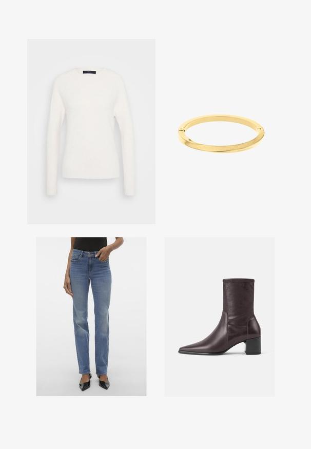 Langarmige witte sweater met ronde hals, voorzien van geribde boorden en zoom, weergegeven op een effen lichtgrijze achtergrond.; Fitted blauwe denim jeans met een licht vervaagde afwerking, vijf zakken en een ritsluiting. De pijpen hebben een rechte snit.; Bordeaux enkellaarsjes van glad leer met een spitse neus en een blokhak. De schacht is slank en aansluitend, reikt tot halverwege de kuit.; Dunne, gepolijste gouden bangle armband met een gladde, ronde vorm en subtiele branding. Heeft een naadloos ontwerp en een minimalistische esthetiek.