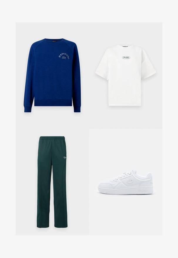 Kék, kerek nyakú pulóver, puha anyagból készült, bordás mandzsettákkal és szegélyzel. Az elején egy íves dizájnnal ellátott fehér szöveges logó látható.; Fehér, rövid ujjú póló, amely 100% pamutból készült, zöld színű grafikai logóval az ovális formában, a mellkas közepén.; Sötétzöld, puha anyagból készült melegítőnadrág, rugalmas derékkal és oldalsó varrással, elöl egy kis logóval.; Fehér sneaker sima szintetikus anyagból, kerek orral, lapos talppal, és diszkrét logó dekorációval az oldalán. Klasszikus alacsony fazon.