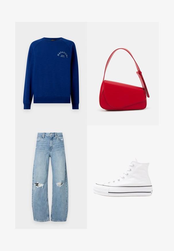 Blue crewneck sweatshirt made from soft fabric, featuring ribbed cuffs and hem. The front displays a white text logo with an arch design.; Light blue, high-waisted jeans made of denim. Feature wide legs, two torn knee areas, and classic five-pocket styling.; White high-top canvas sneaker with black rubber sole, front rubber toe cap, and six eyelets for laces, featuring a clean, minimalist design.; Red leather handbag with an angular, geometric design. Features a single adjustable strap and a flap closure with stitched detailing.
