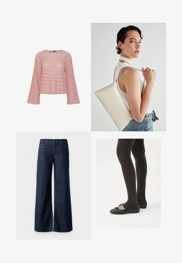 Top corto a righe rosse e bianche con maniche lunghe e scollatura rotonda, caratterizzato da un tessuto strutturato e un orlo dritto.; Jeans a gamba larga in denim blu scuro. Presentano cuciture a contrasto, cinque tasche e una chiusura con bottone in vita. Texture morbida.; Scarpe nere a flat con un piccolo fiocco sulla punta, abbinate a collant a coste marrone scuro. Le scarpe hanno una texture liscia e un profilo basso.; Borsa a pochette rettangolare bianca realizzata in materiale lucido, con una tracolla in catena argentata. Il modello posa, mostrando la borsa su uno sfondo semplice.